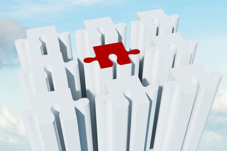Creative puzzle building on sky background with clouds. Investment and join concept. 3D Renderingの写真素材