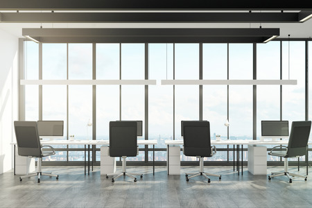 Modern office interior with panoramic city view and daylight. 3D Renderingの写真素材