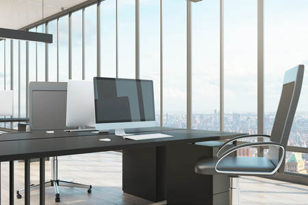 Office interior with empty computer and panoramic city view. 3D Renderingの写真素材