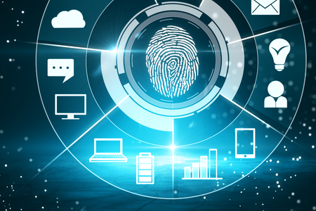 Digital business interface with finger print on blurry background. Biometrics and access concept. 3D Renderingの写真素材