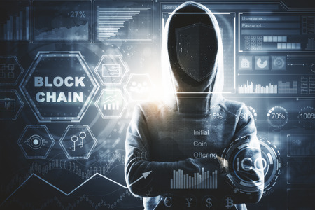 Hacker with digital business interface. Hacking and interface concept. Double exposureの写真素材