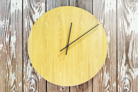 Close up of creative round wooden clock. Design concept. 3D Rendering