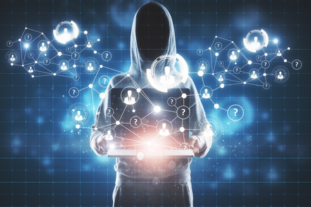 Hacking and malware concept. Hacker with digital business interface on blurry background. Double exposureの写真素材