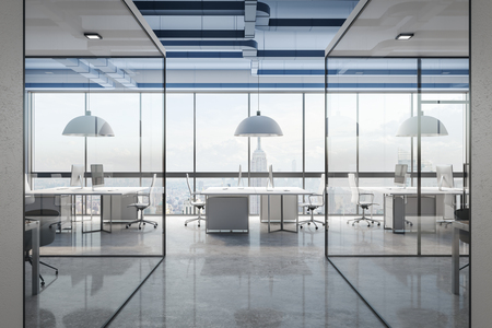 Concrete office interior with daylight and city view. 3D Renderingの写真素材