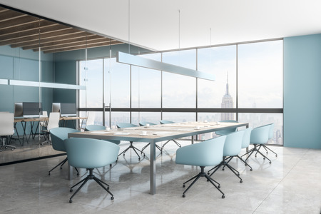 Clean office meeting room interior with New York city view. Workplace and design concept. 3D Renderingの写真素材