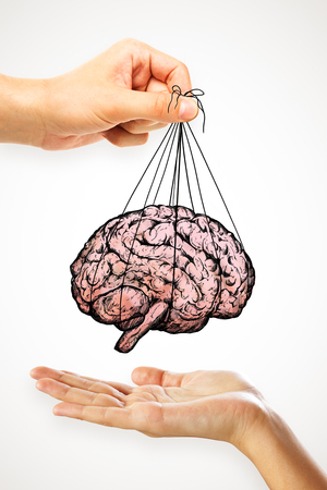 People handing brain sketch on light background. Brainstorm and abstraction conceptの写真素材