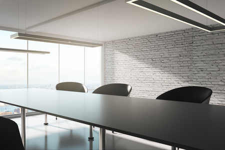 Modern meeting room interior with daylight and panoramic view. 3D Renderingの写真素材