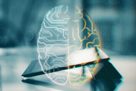 Close up of tablet with circuit brain on blurry background. Ai and device concept. Double exposure 