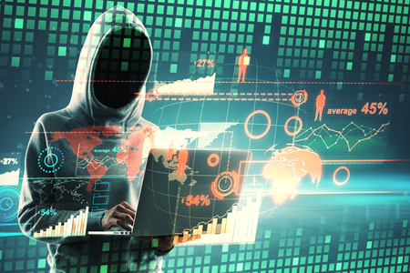 Young hacker using laptop with digital business interface. Hacking and innovation concept. Double exposureの写真素材