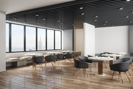 Contemporary cafe interior with panoramic new york city view, daylight and furniture. Design concept. 3D Renderingの写真素材