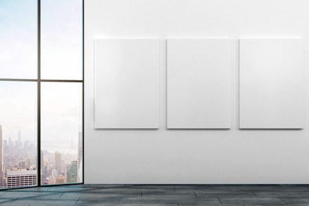 Modern office interior with empty posters on wall and New York city view. Mock up, 3D Renderingの写真素材