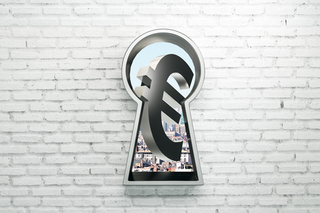 Keyhole with silver euro sign on brick wall background. Money concept. 3D Renderingの写真素材