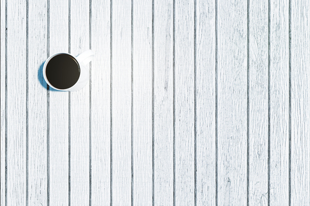 Top view of wooden plank table with coffee cup and copy space. Morning concept. 3D Renderingの写真素材