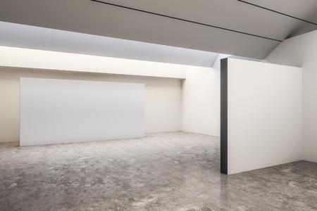 Modern concrete exhibition hall interior with billboard and gray floor. Gallery concept. Mock up, 3D Renderingの写真素材