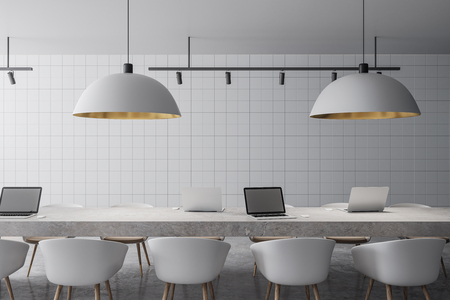 Bright concrete meeting room interior with furniture and lamps. 3D Renderingの写真素材