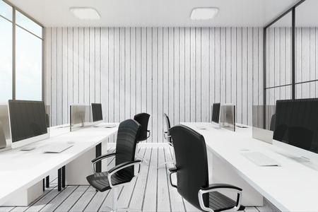 Coworking office interior with city view, furniture and daylight. 3D Renderingの写真素材