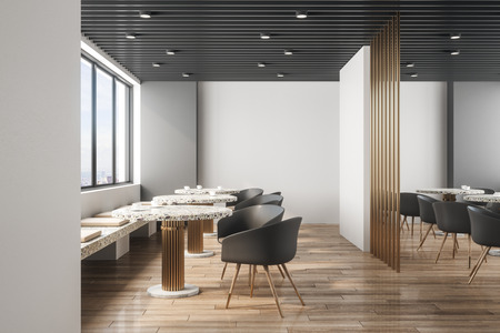 Modern cafe interior with panoramic new york city view, daylight and furniture. Design concept. 3D Renderingの写真素材
