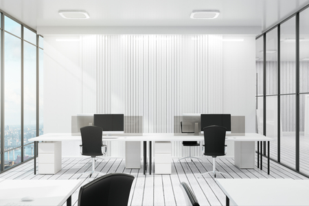Stylish coworking office interior with city view, furniture and daylight. 3D Renderingの写真素材