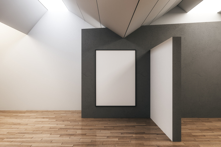 Clean concrete exhibition hall interior with empty copyspace and wooden floor. Gallery and museum concept. Mock up, 3D Renderingの写真素材
