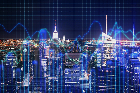Creative glowing blue night new york city background with grid forex chart. Trade and finance concept. Double exposureの写真素材