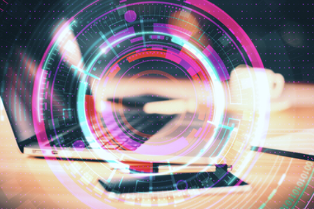 Side view and close up of laptop, smartphone and coffee cup with digital button on blurry background. Technology and future concept. Double exposureの写真素材