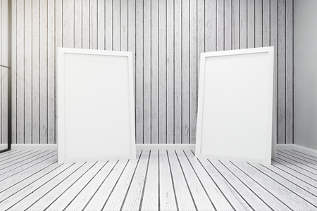 Close up of empty white billboards in wooden interior. Gallery concept. Mock up, 3D Renderingの写真素材