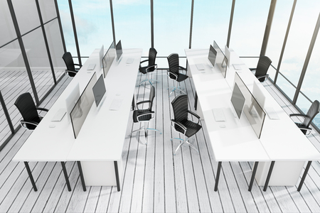 Light coworking office interior with city view, furniture and daylight. 3D Renderingの写真素材