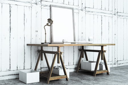 Table with empty frame, lamp, baseball equipment and coffee cup in white old wood interior. Design and sports concept. Mock up, 3D Renderingの写真素材