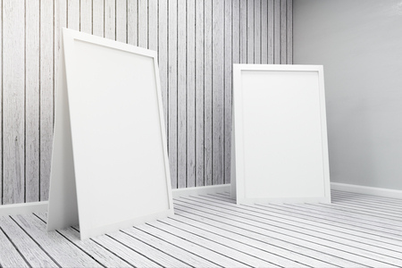 Close up of empty white posters in wooden interior. Gallery concept. Mock up, 3D Renderingの写真素材