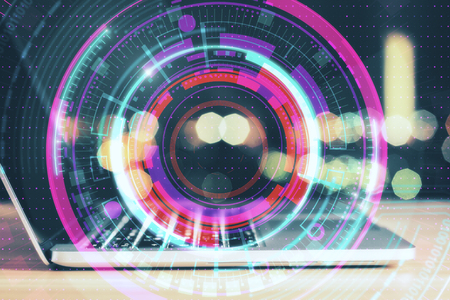 Side view and close up of laptop with digital button on blurry background. Technology and innovation concept. Double exposureの写真素材
