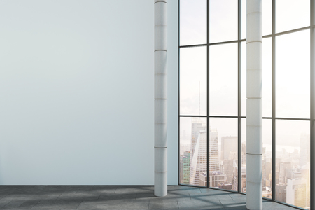 Contemporary office interior with empty copyspace on wall and New York city view. Mock up, 3D Renderingの写真素材