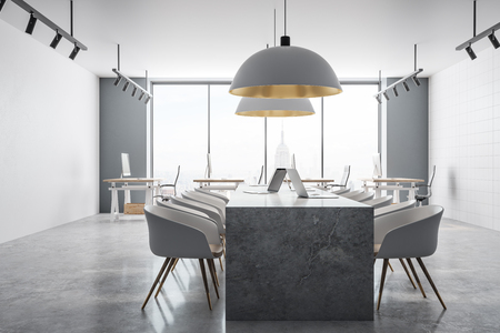 Luxury coworking office interior with panoramic New York city view and daylight. 3D Renderingの写真素材