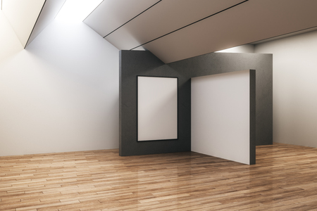 Modern concrete exhibition hall interior with empty frame and wooden floor. Gallery and museum concept. Mock up, 3D Renderingの写真素材
