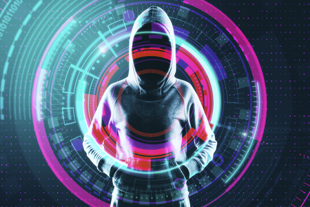 Young hacker with digital button on blue background. Hacking and innovation concept. Double exposureの写真素材