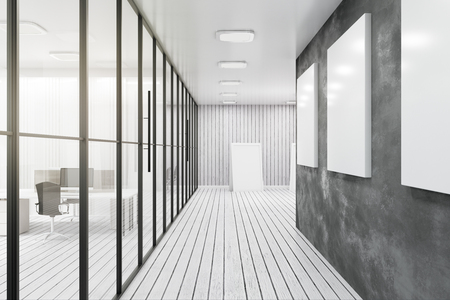 Modern white glass office corridor with empty posters on wall. 3D Renderingの写真素材