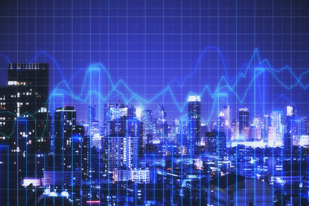 Creative glowing blue night new york city background with grid forex chart. Trade and marketing concept. Double exposureの写真素材