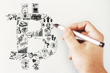 Hand drawing creative bitcoin sketch on white background. Cryptocurrency and marketing conceptの写真素材