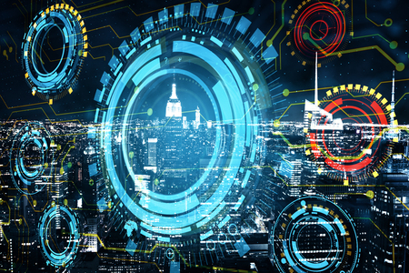 Creative night new york city background with digital blue business interface buttons. HUD and network concept. Double exposureの写真素材