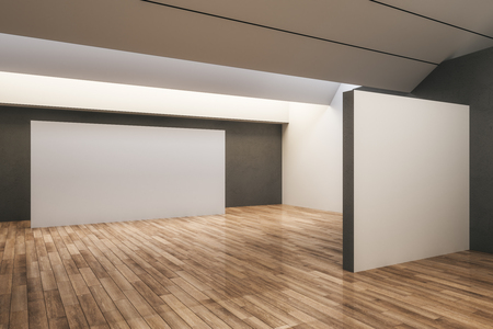Light concrete exhibition hall interior with empty copyspace and wooden floor. Gallery and museum concept. Mock up, 3D Renderingの写真素材