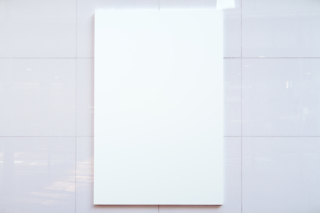 Close up of blank white street banner on light background. Commercial and advert concept. Mock upの写真素材