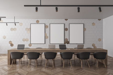 Modern meeting room interior with empty banner on wall and wooden floor. Mock up, 3D Renderingの写真素材