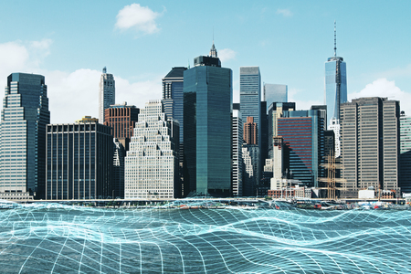 Abstract city background with grid on water and daylight. Future and innovation concept. Double exposureの写真素材