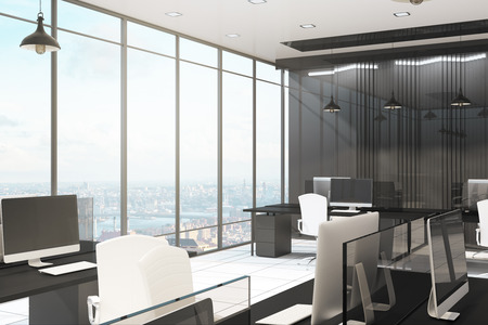 Clean office interior with furniture, equipment and window with panoramic city and sky view. Design concept. 3D Renderingの写真素材