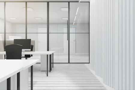 Bright white coworking office interior with glass partition and furniture. 3D Renderingの写真素材