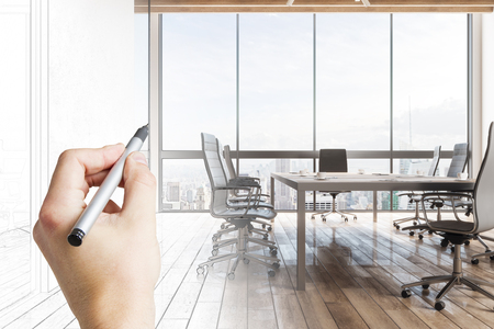 Hand drawn meeting room interior design. Architecture and blueprint concept.の写真素材