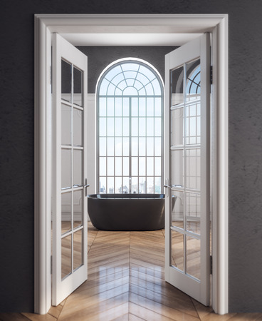 Open doors leading to luxury bathroom interior with bright city view. Design concept. 3D Renderingの写真素材