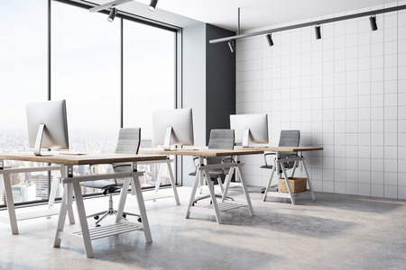 Creative coworking office interior with panoramic New York city view and daylight. 3D Renderingの写真素材
