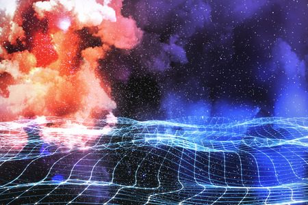 Glowing digital grid on abstract starry sky space backdrop. Future and innovation concept. Double exposureの写真素材