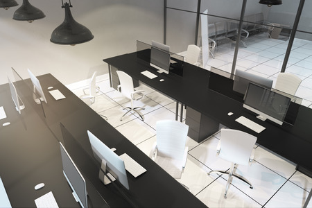 Clean office interior with glass wall, furniture and equipment. 3D Renderingの写真素材