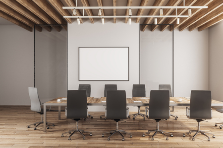 Modern meeting room interior with empty poster on concrete wall, furniture and wooden floor. 3D Renderingの写真素材